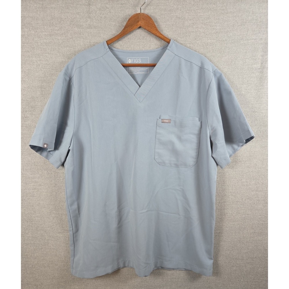 Figs Scrub Top Tech Collection Dusty Blue Mens L Work Medical Logo